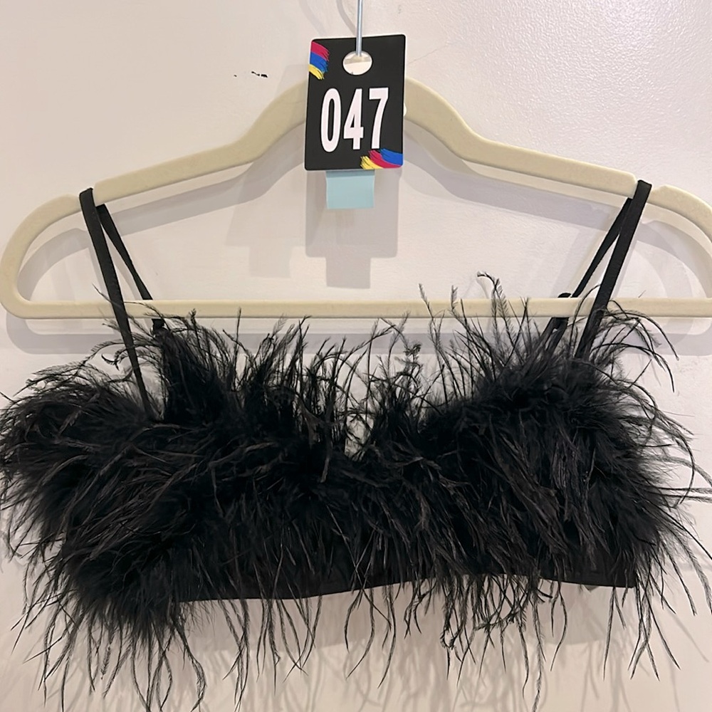 Honey Black Rayon Blend Bralette With Faux Ostrich Feathers